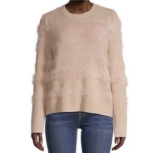 Calvin Klein Women's Fringe Knit Long Sleeve Mock Neck Beige Pink Sweater XL